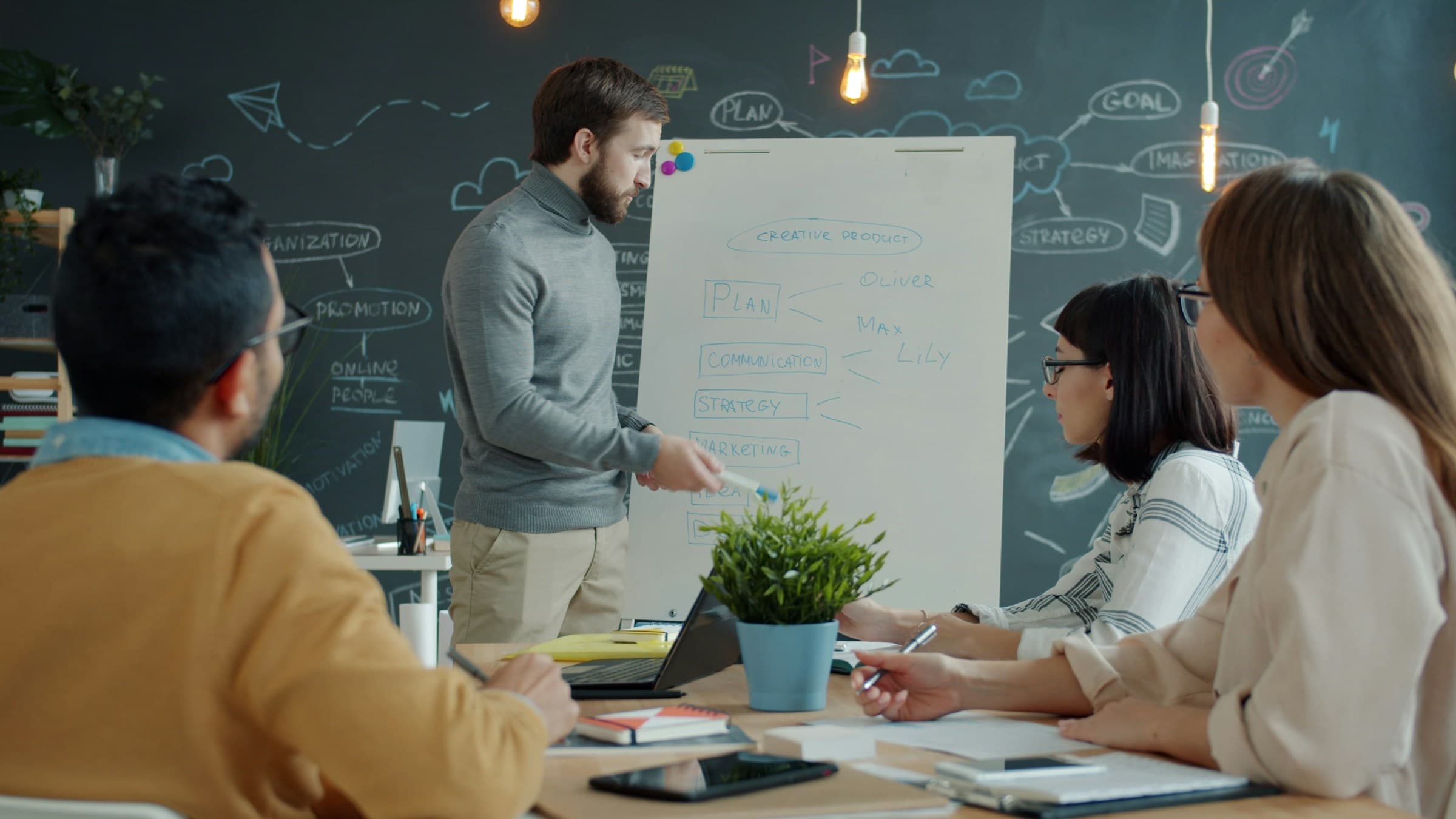 A product team working through a plan together at a whiteboard