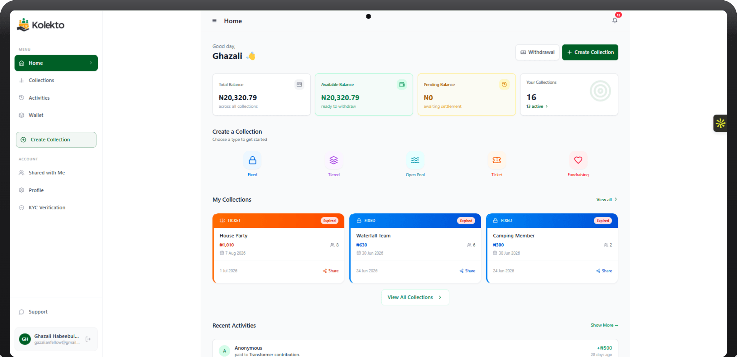 Kolekto dashboard showing balances, collection types and recent activity